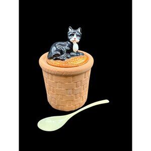 Vintage TAKAHASHI Pottery Sugar/Jam/Honey Basket Weave Bowl Black White Cat